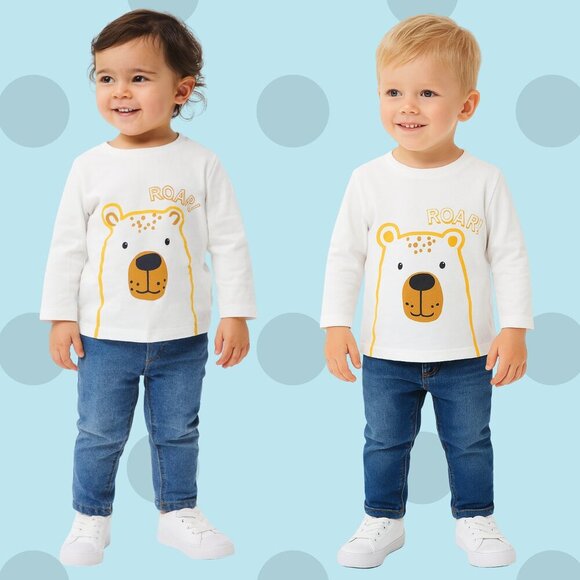 🐻 George Toddler Long Sleeve Tee – White “ROAR” Bear Graphic Top (Size 2T) - Picture 1 of 6
